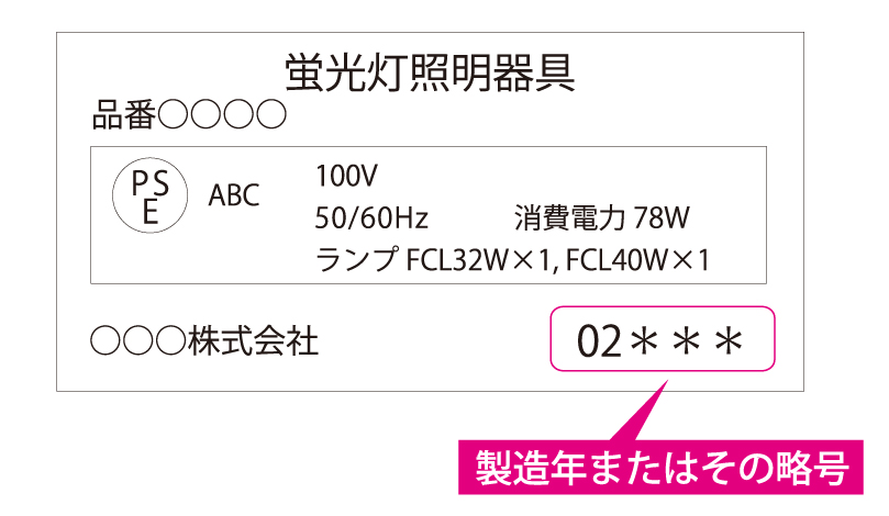 照明器具の銘板の例：製造年又はその略号が記載されています